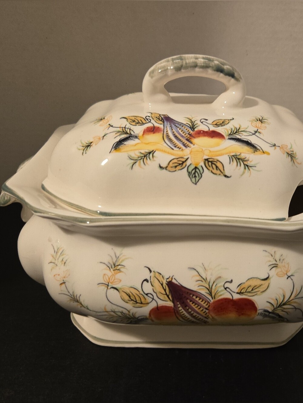 Vintage Porcelain Rectangular Soup Tureen Serving Dish W/Lid Harvest Shelf Decor